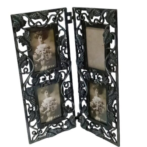 Vtge Metal Bi-Fold Rectangular Four-Picture Photo Frame Black Grape Vine Decor - Picture 1 of 6